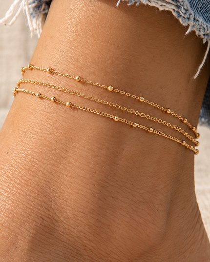 Gold Layered Bead Station Triple Chain Anklet