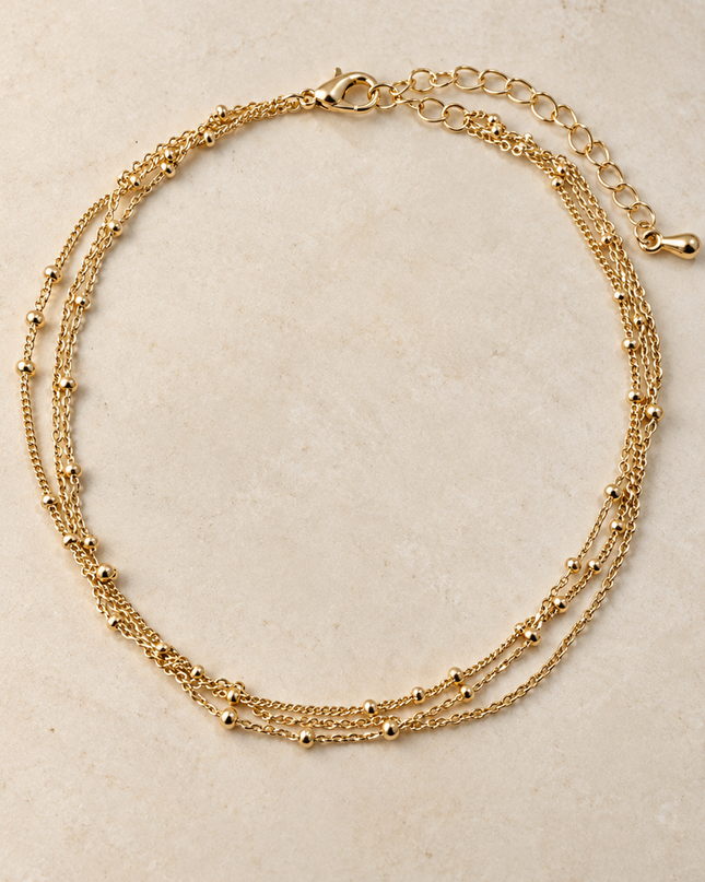 Gold Layered Bead Station Triple Chain Anklet