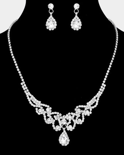 Silver Teardrop Stone Rhinestone Necklace & Earrings Set
