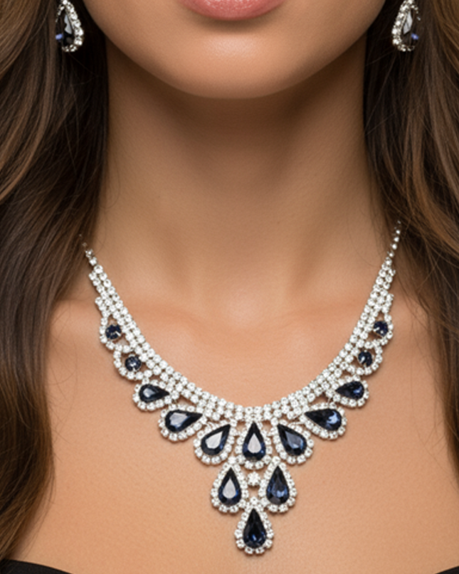 Sparkle Away Blue Midnight Rhinestone Trim Teardrop Stone Accented Necklace & Earrings Set