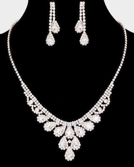 Sparkle Away Rose Gold Rhinestone Trim Teardrop Stone Accented Necklace & Earrings Set
