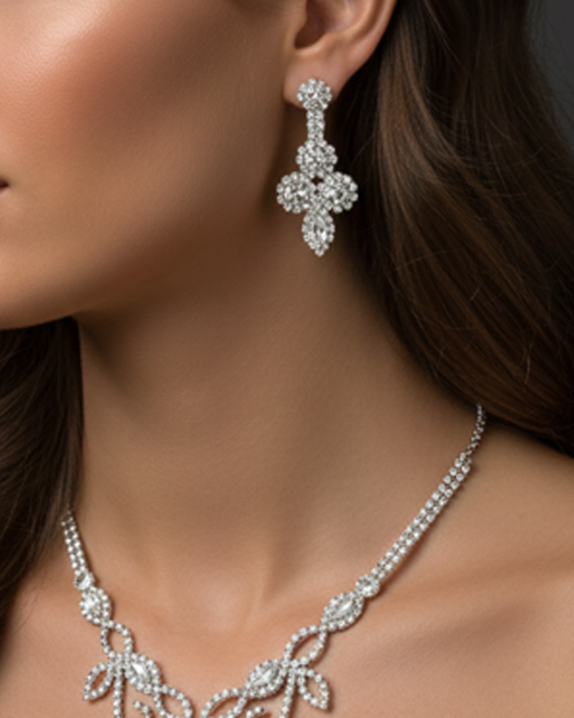 Flower & Leaf Silver Cubic Zirconia Necklace & Earrings Set