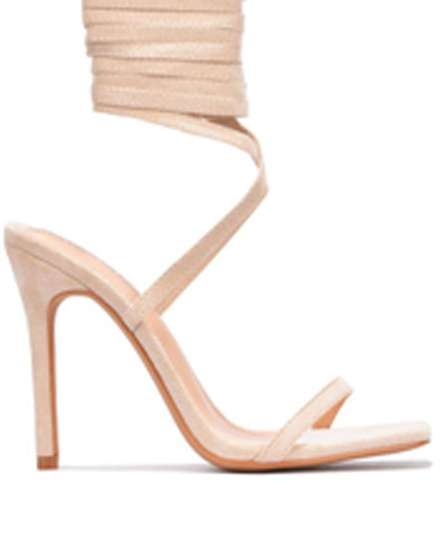 Nude Beige Faux Suede Lace Up High Heels