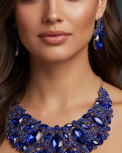 Blue Sapphire Leaf Marquise Stone Necklace & Earrings Set
