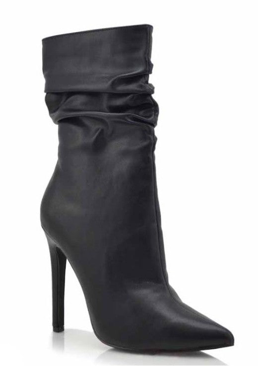 Black Faux Leather Ruched High Heel Booties