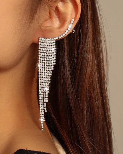 Rhinestone Silver Long Fringe Climber Earrings