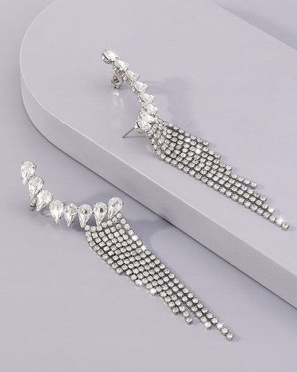 Shiny Silver Rhinestone Long Fringe Drop Earrings