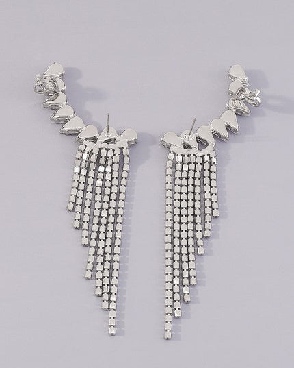 Shiny Silver Rhinestone Long Fringe Drop Earrings