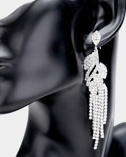 Silver Crystal Leaf Drop Rhinestone Earrings