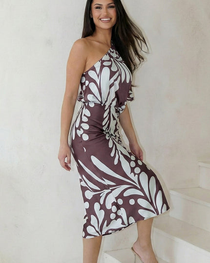 Brown Blue One Shoulder Satin Midi Dress