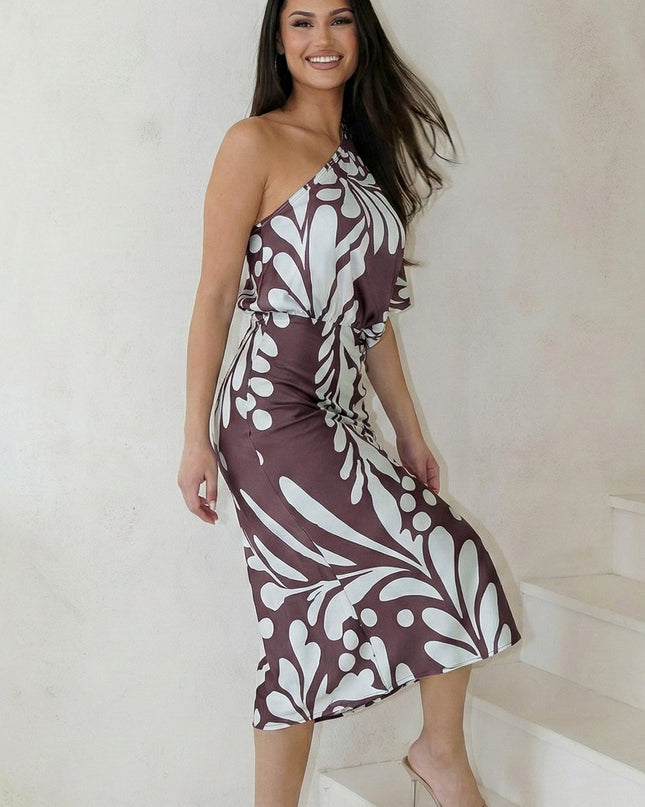 Brown Blue One Shoulder Satin Midi Dress
