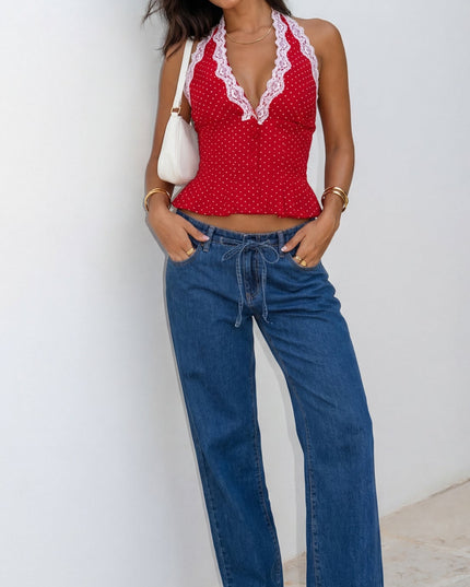 Red Polka Dot Lace Halter Top