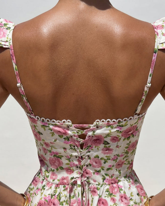 Cream Floral Corset Ruffle Top