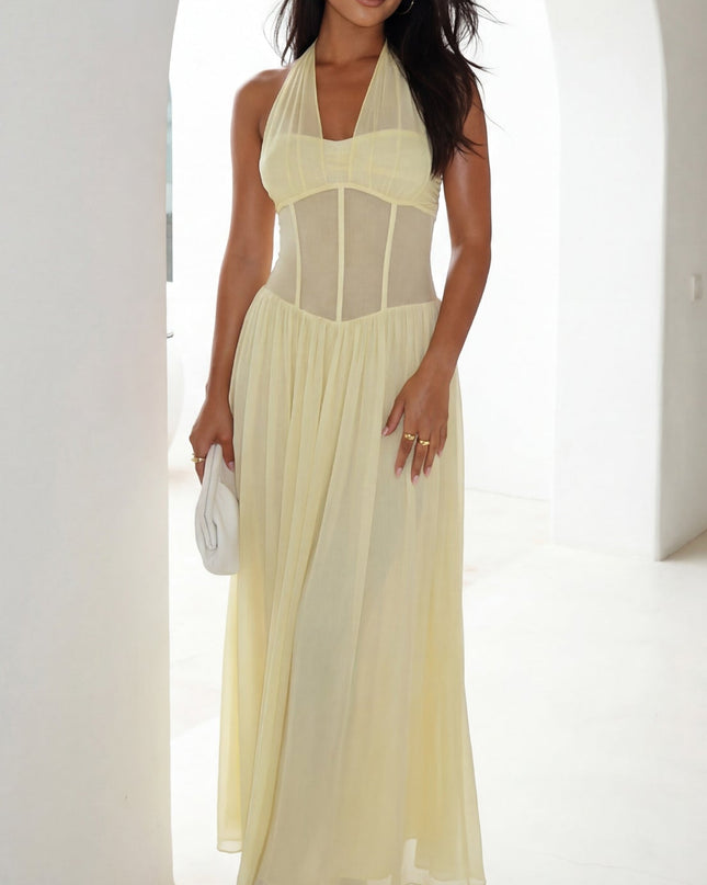Butter Yellow Halter Mesh Maxi Dress