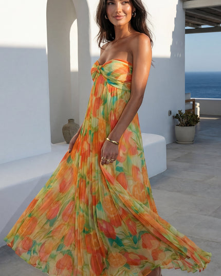 Orange Multi Floral Pleated Strapless Maxi Dress