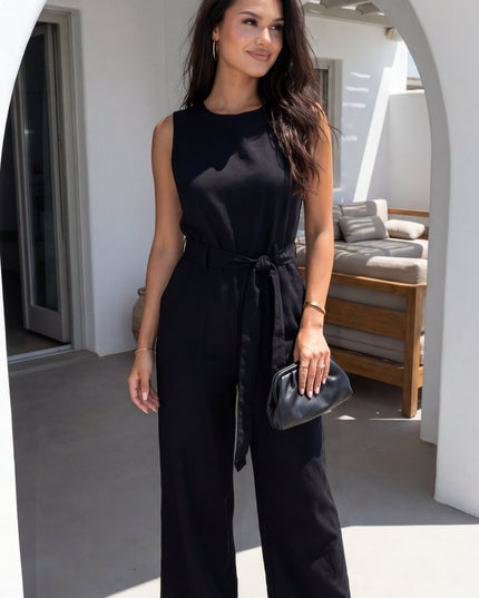 Black Linen Waist Tie Jumpsuit
