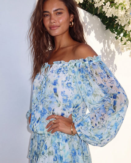 Blue Multi Floral Off-Shoulder Mini Dress