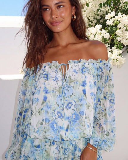 Blue Multi Floral Off-Shoulder Mini Dress