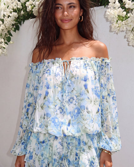 Blue Multi Floral Off-Shoulder Mini Dress