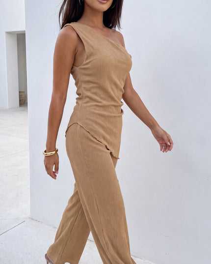 Beige Taupe One Shoulder Pant Set