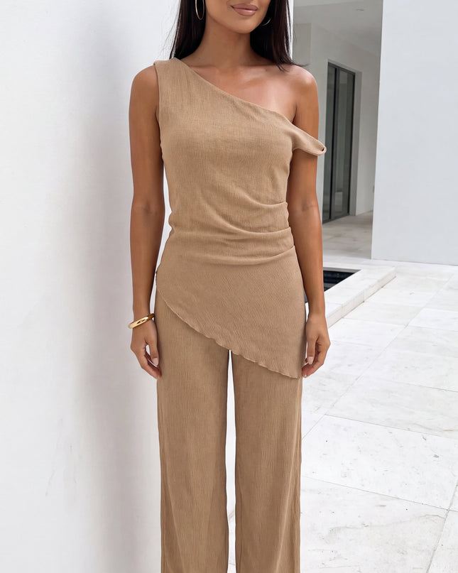 Beige Taupe One Shoulder Pant Set