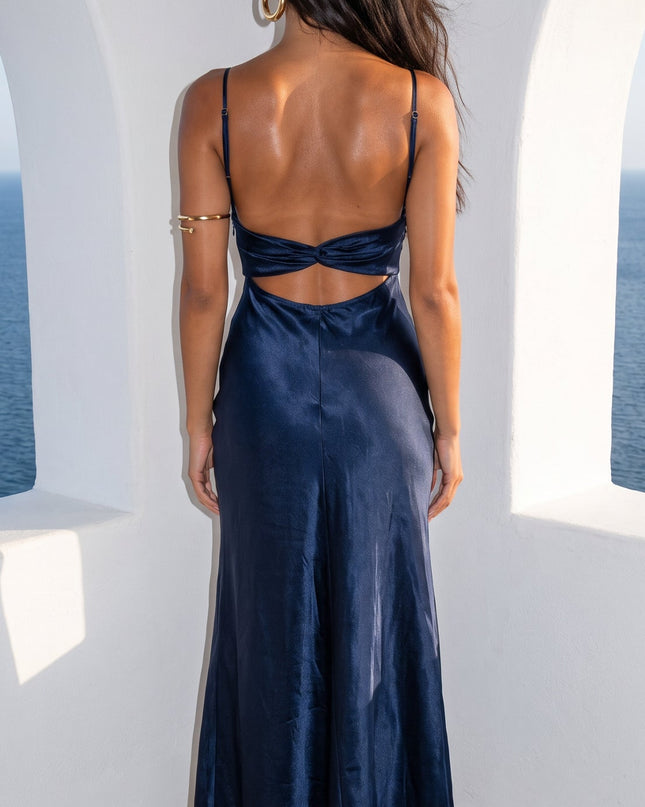 Navy Blue Satin Maxi Dress