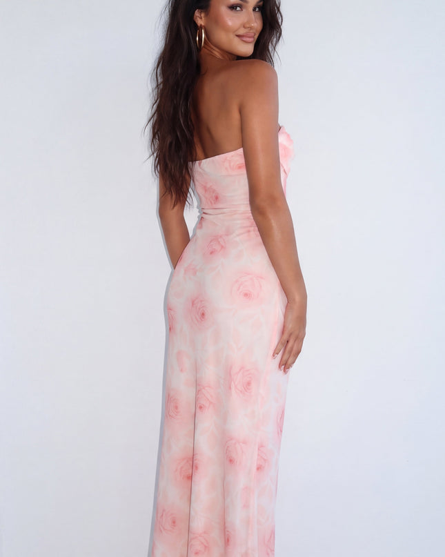 Pink Strapless Floral Maxi Dress