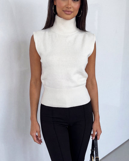 Cream White Sleeveless High Neck Knit Sweater