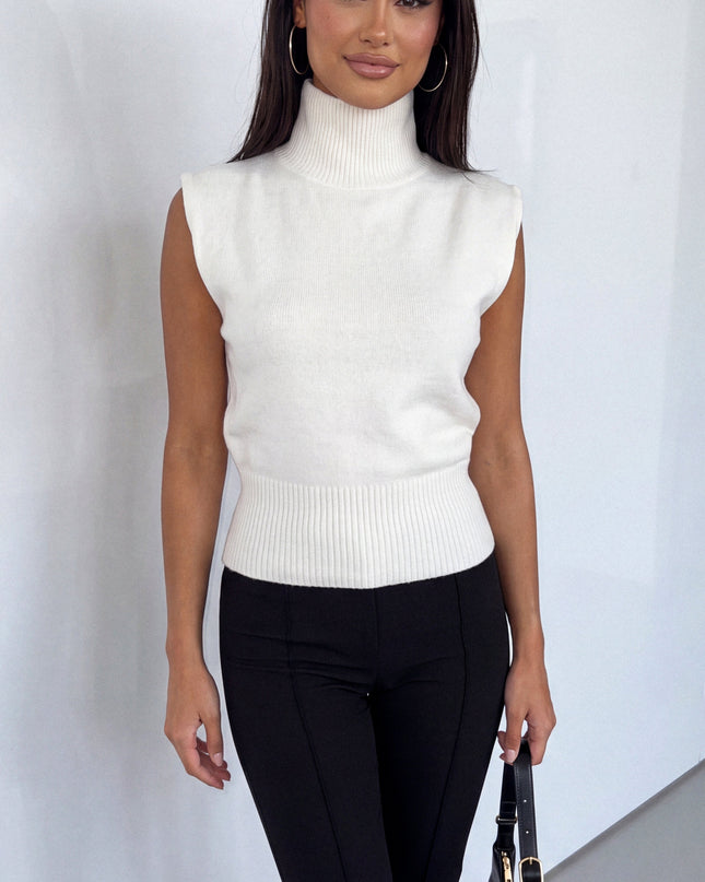 Cream White Sleeveless High Neck Knit Sweater