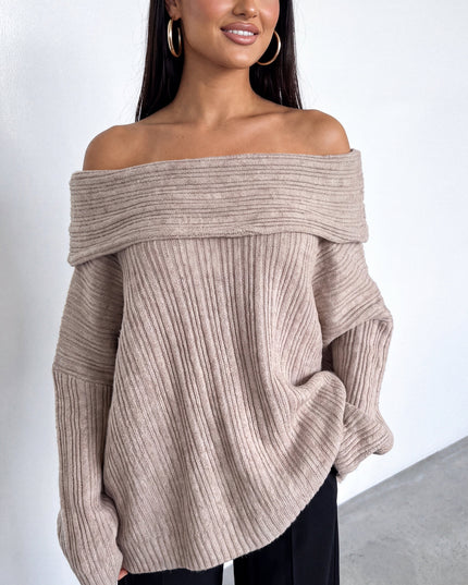 Taupe Beige Oversized Ribbed Off Shoulder Sweater