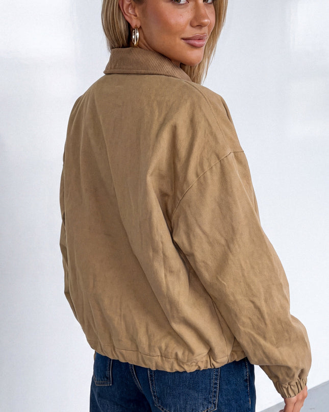 Beige Khaki Collar Zip Jacket