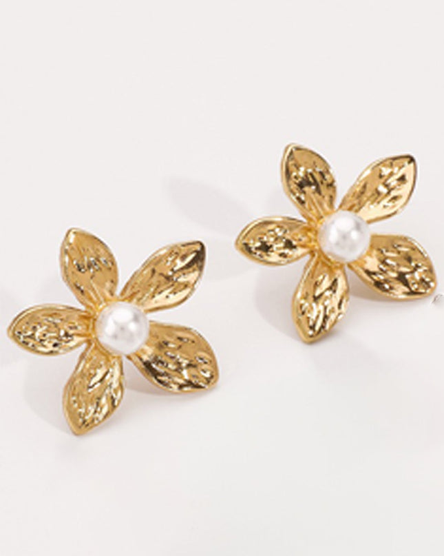 Gold Pearl Metal Floral Stud Earrings