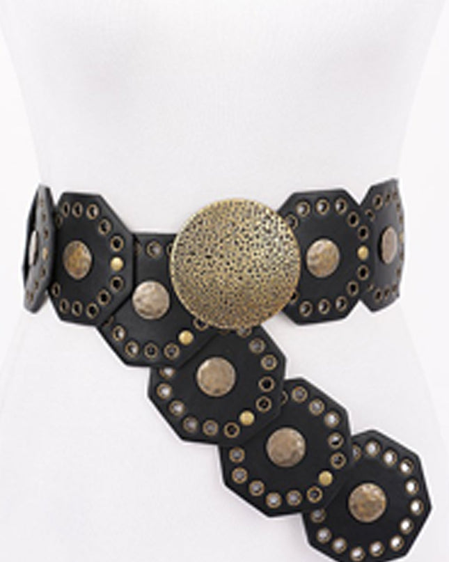 Black Luxe Gold Disc Faux Leather Boho Western Waist Belt