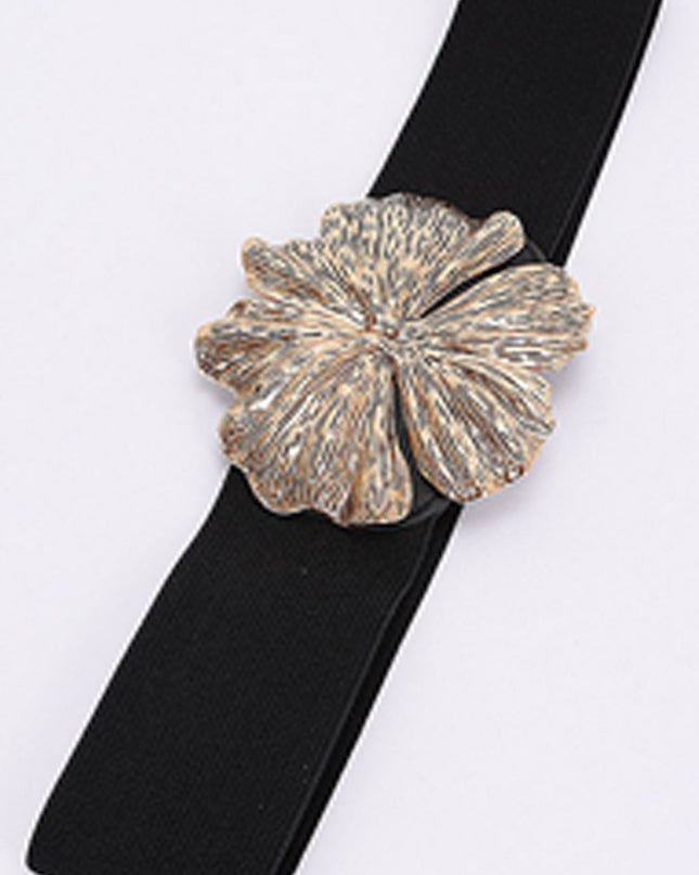 Black Flower Gold Metal Buckle Elastic Belt