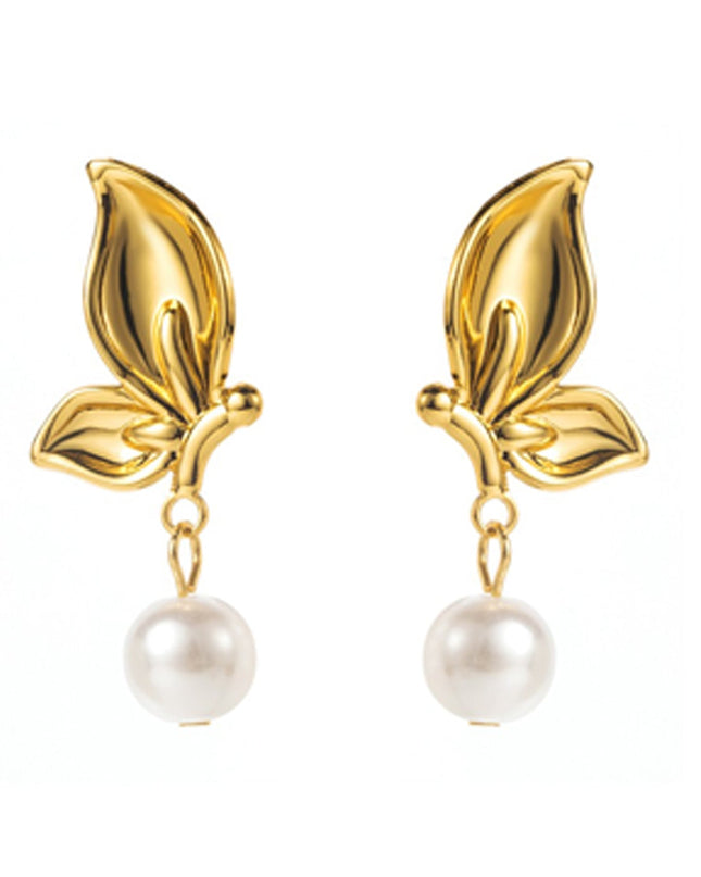 Gold Flower Pearl Drop Dangle 18K Earrings