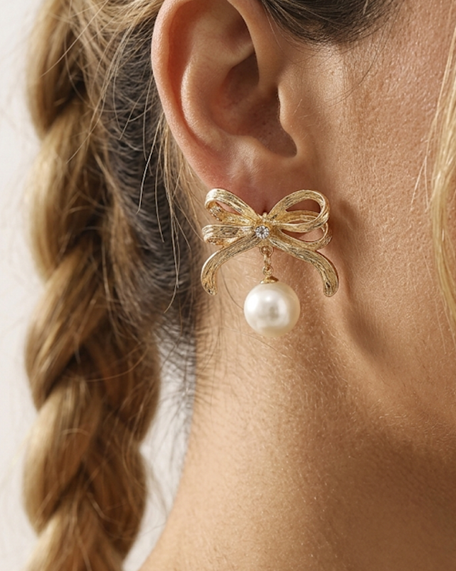 Gold Rhinestone Bow Pearl Drop Earrings