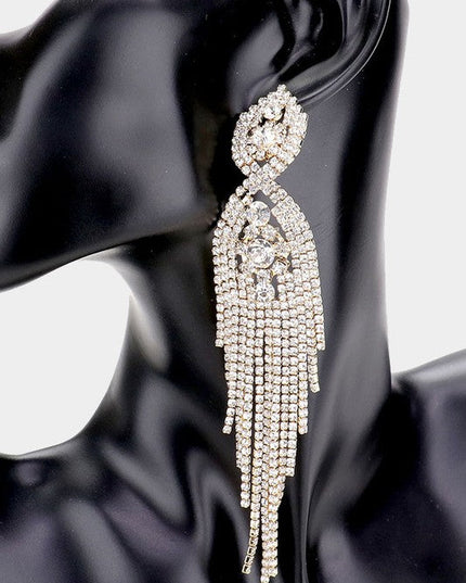Silver Rhinestone Long Drop Statement Earrings