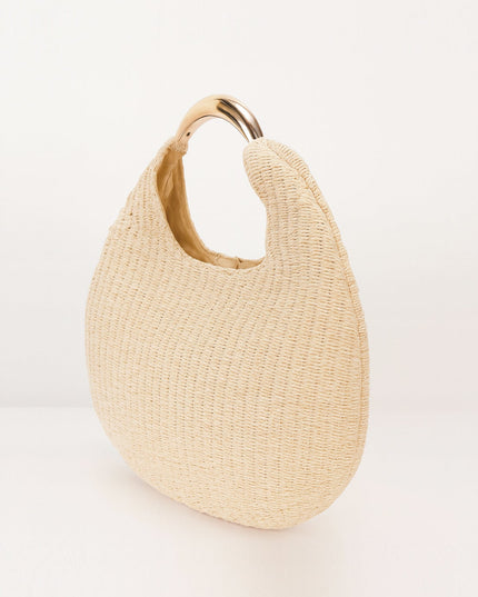 Beige Faux Straw Metal Handle Hobo bag