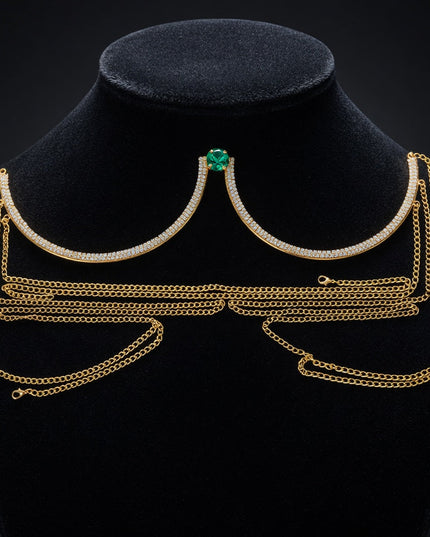 Gold Green Crystal Bra Chain