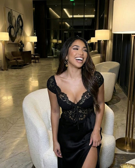 Black Lace Satin Maxi Dress