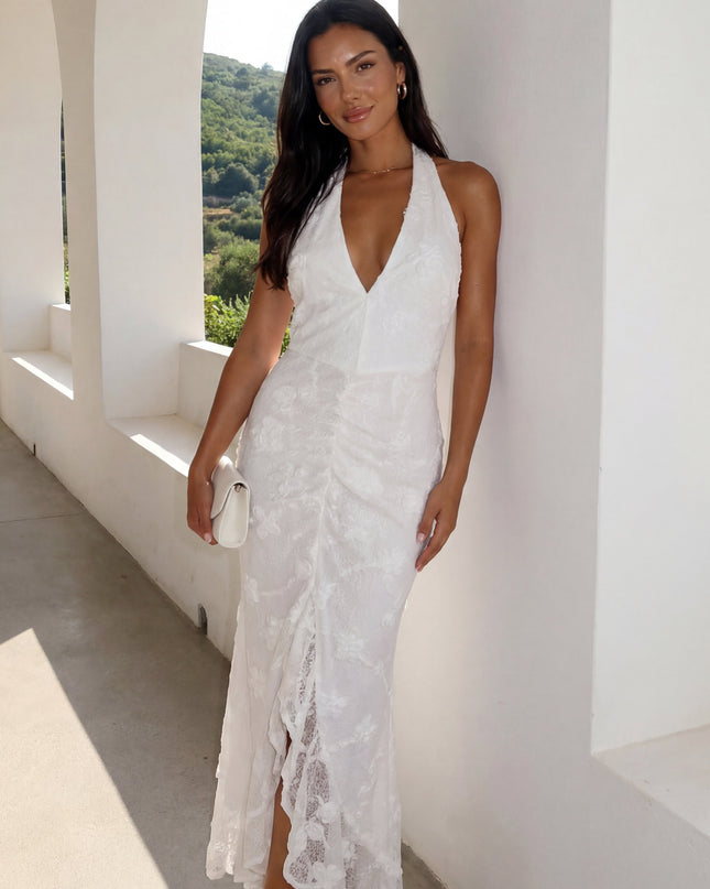 White Embroidered Halter Maxi Dress