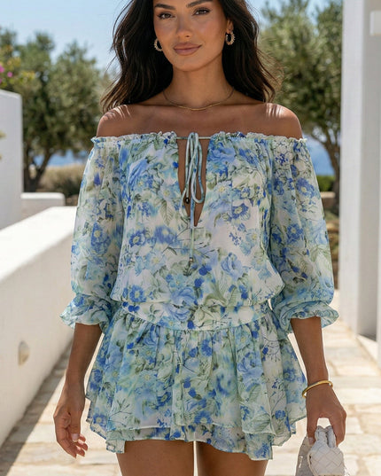 Floral Green Floral Off-Shoulder Mini Dress
