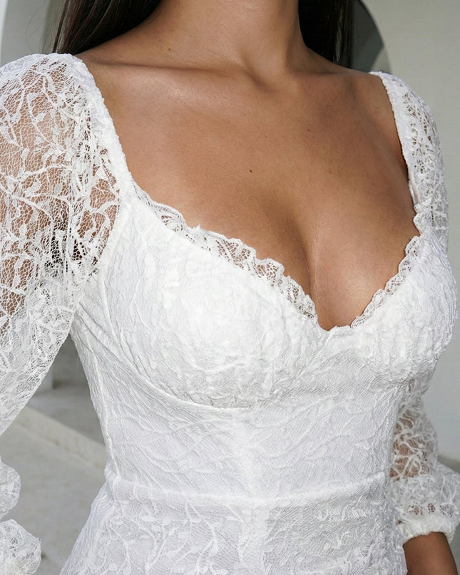White Lace Ruffle Asymmetric Mini Dress