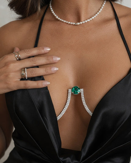 Gold Green Crystal Bra Chain