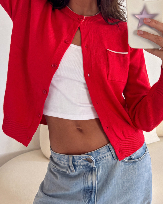 Red Contrast Trim Knit Cardigan