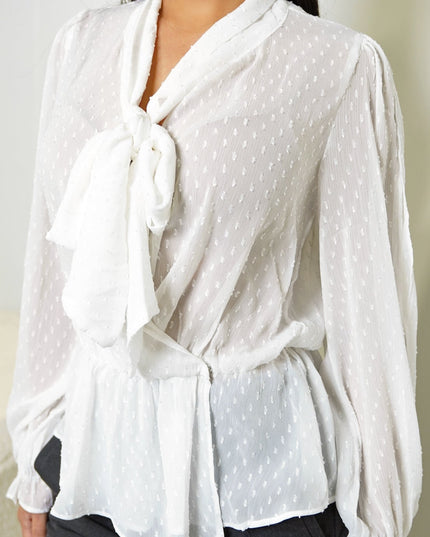 White Dot Front Tie Blouse Top