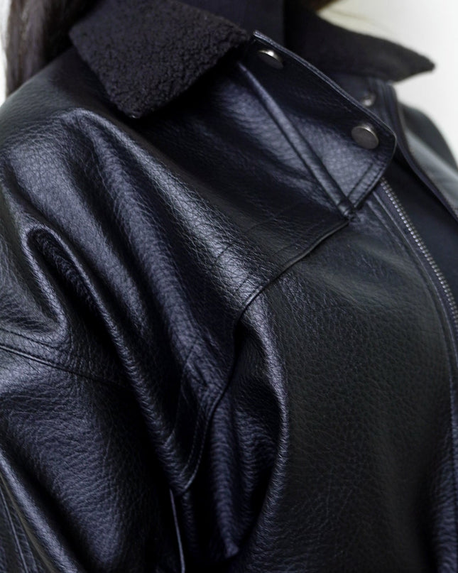 Black Collar PU Leather Jacket
