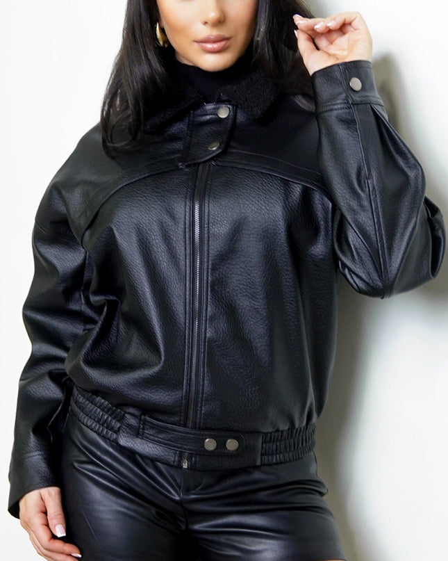 Black Collar PU Leather Jacket