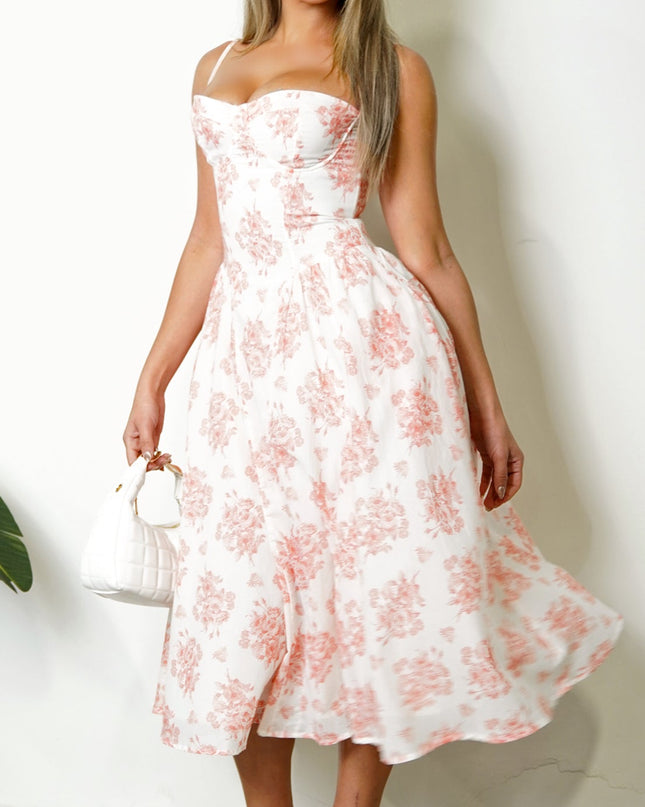White Orange Floral Flare Midi Dress