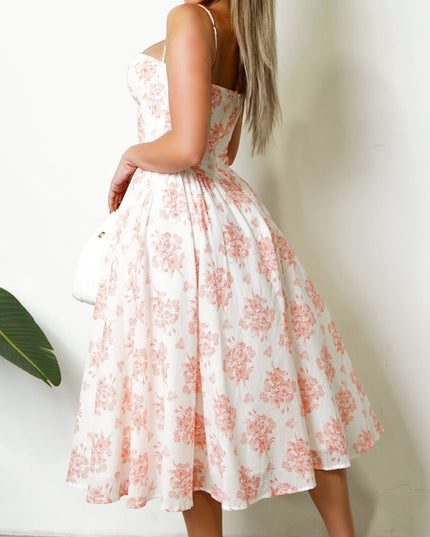 White Orange Floral Flare Midi Dress